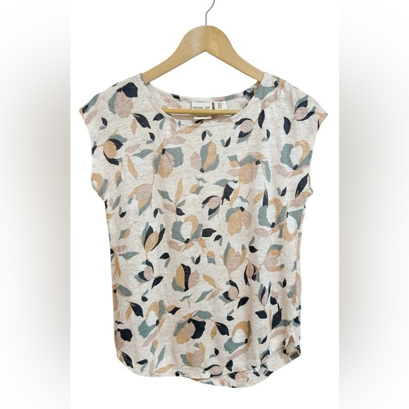Rachel Zoe T-Shirt Tee Blouse Floral 100% Linen Short Sleeve S - Picture 2 of 6